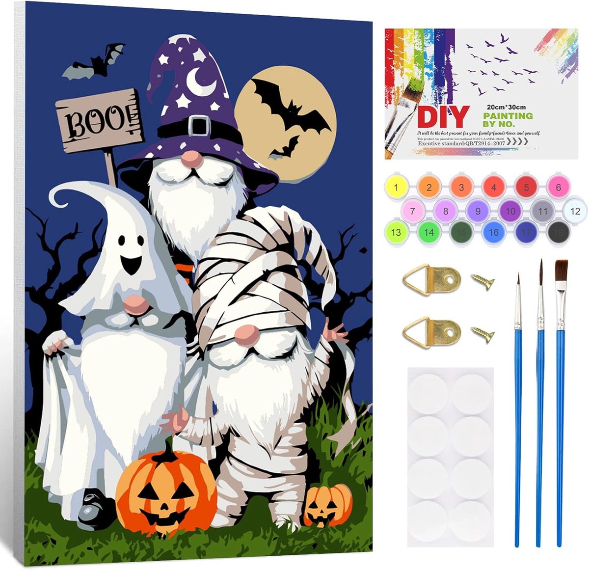 Verf op nummer Halloween - Gnome en pompoen - DIY schilderij met houten lijst - ShopVlot