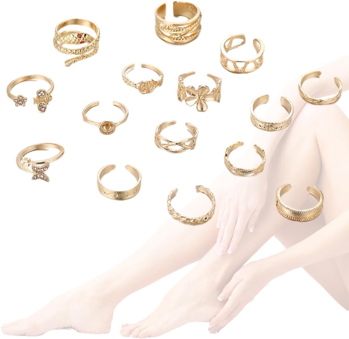 15 pieces women's toe rings, stainless steel, silver toe rings for women (gold) - ShopVlot