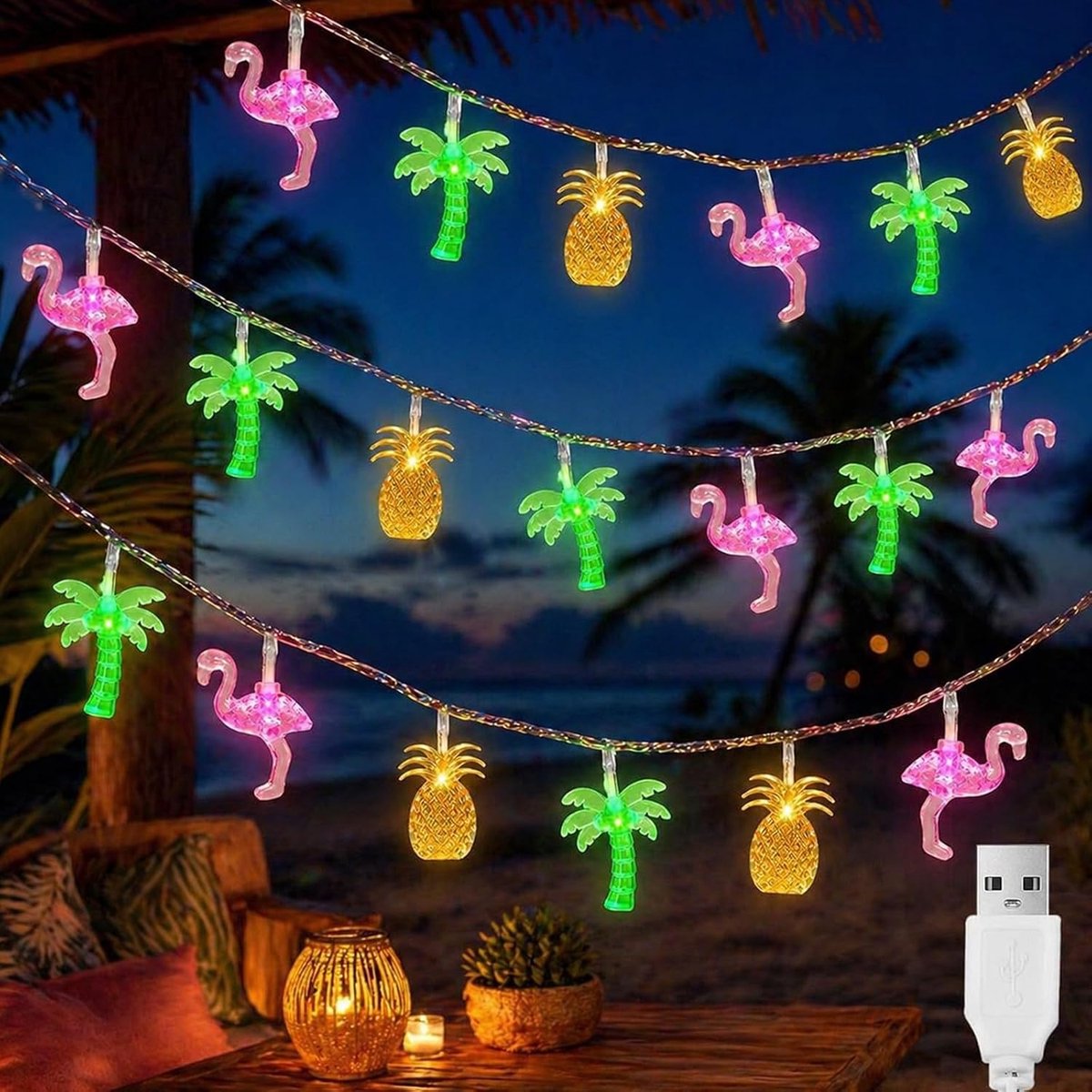 ALEGRE Hawaï Lichtsnoer met 20 leds, 3 m, met USB, Hawaiiaanse zomerlichtketting met ananas, flamingo, palmen, Hawaii - ShopVlot