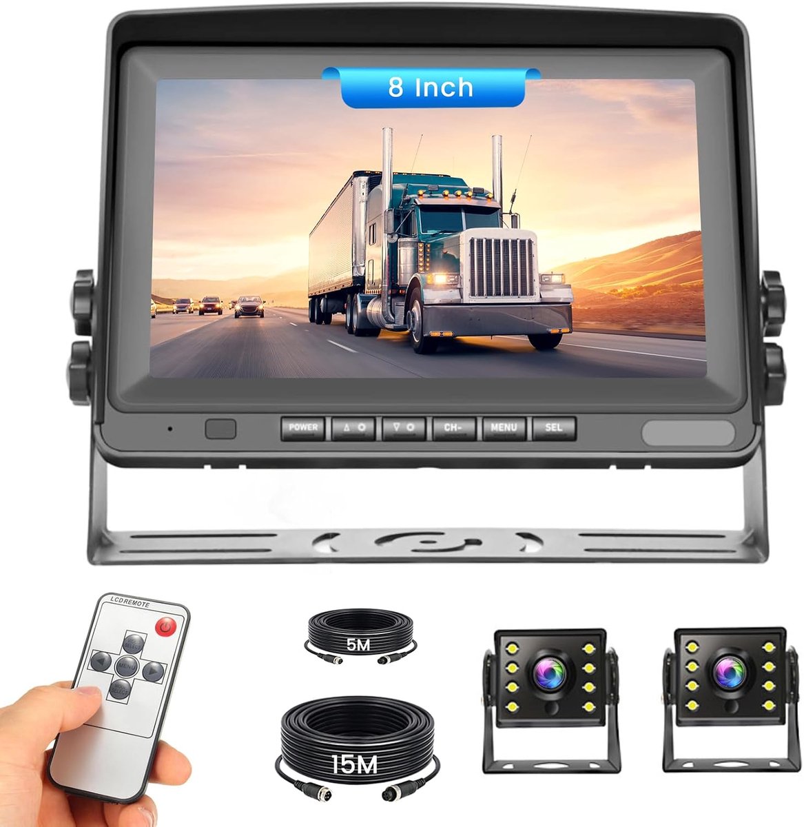 Rear View Camera Set with 8 Inch Monitor, Includes 2 Cameras, 2 x 20 m Cable, Protection Class IP69, Night Vision - ShopVlot