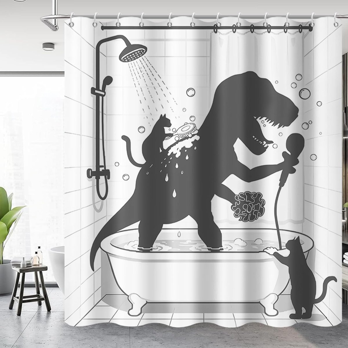 Shower Curtain, 180x200cm, Funny Cute Cat Helps Dinosaur Abstract Waterproof Fabric, Machine Washable, Bathroom - ShopVlot