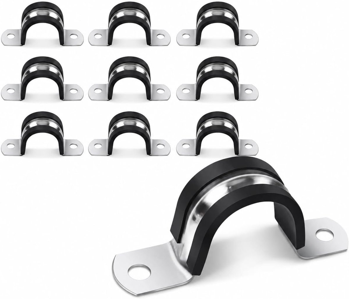 10 U-klemmen Ø 25 mm van roestvrij staal 304 met rubberen beschermhuls, metalen klemklem dubbel gat voor bevestiging - ShopVlot