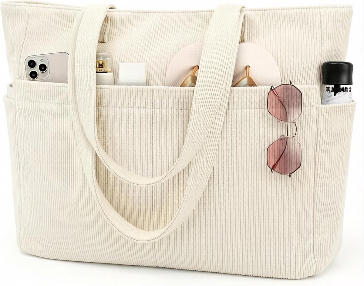 beifon Corduroy Beach Bag, XXL Family, 25 L/18 L with Zip, Large Tote Bag, Women's Shopper Bag, Bath Bag, Laptop Bag - ShopVlot