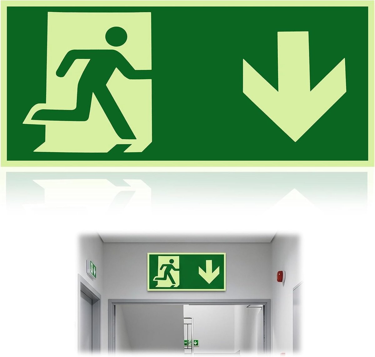 Emergency Exit Sign, Aluminium Self-Adhesive, 30 x 15 cm, Luminous and Reflective, Signage Without Drilling, with Down - ShopVlot