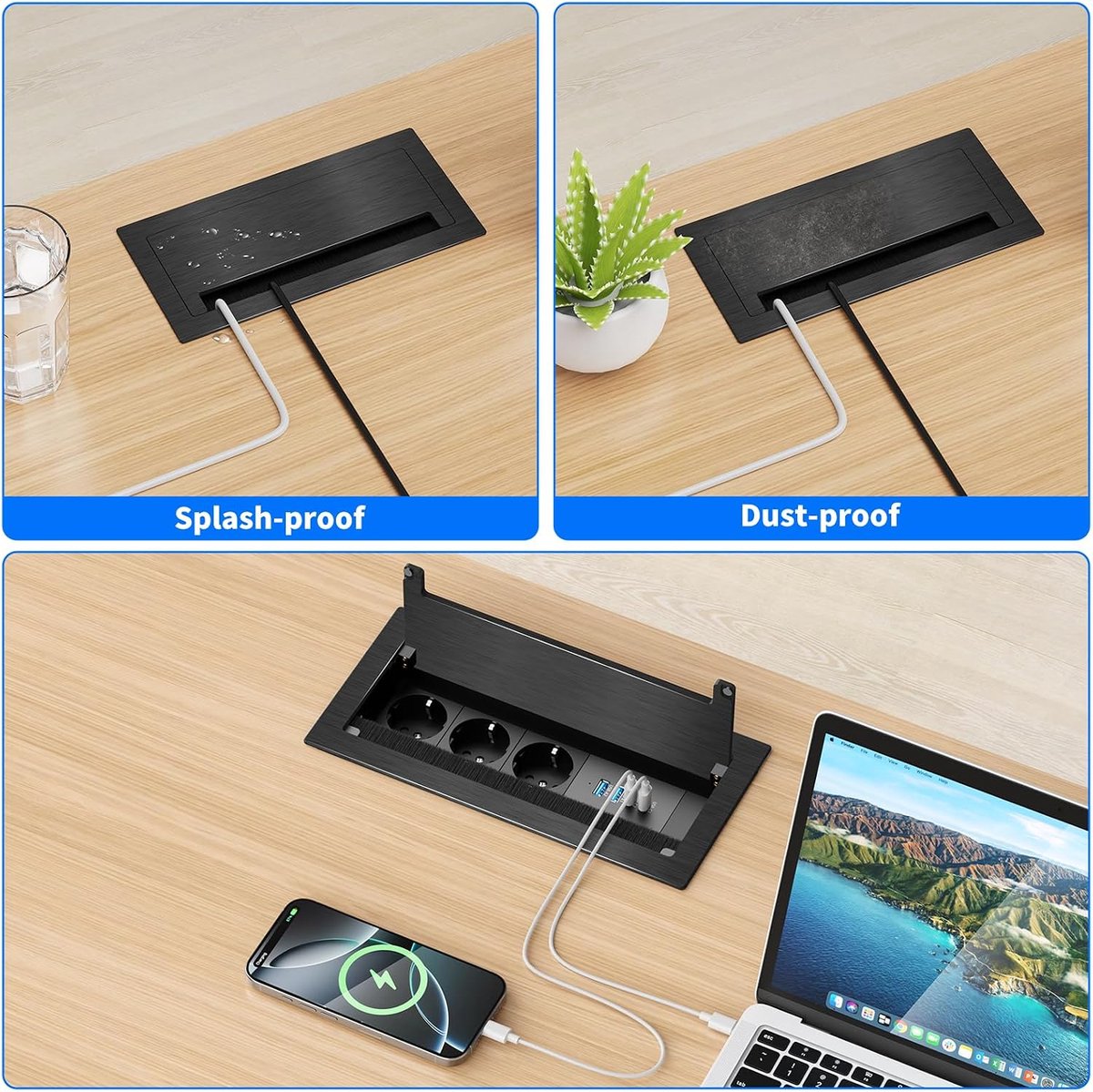 Retractable socket with 2 x USB-C PD 30 W, 3-gang, aluminium - ShopVlot