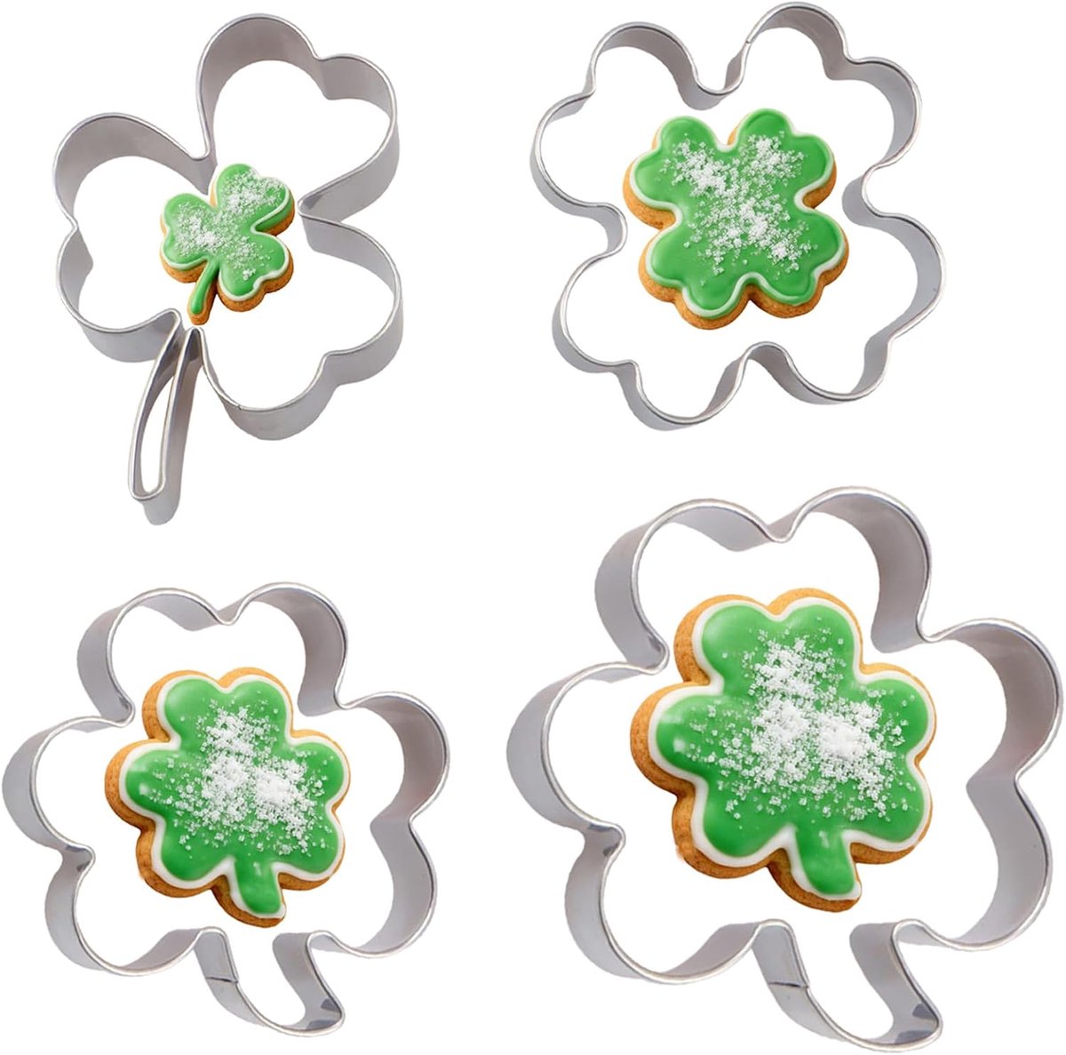 4pcs Stainless Steel Cookie Cutters Set, Lucky Charm Four Leaf and Trileaf Clover Leaf Cookie Cutters for St Patrick's - ShopVlot