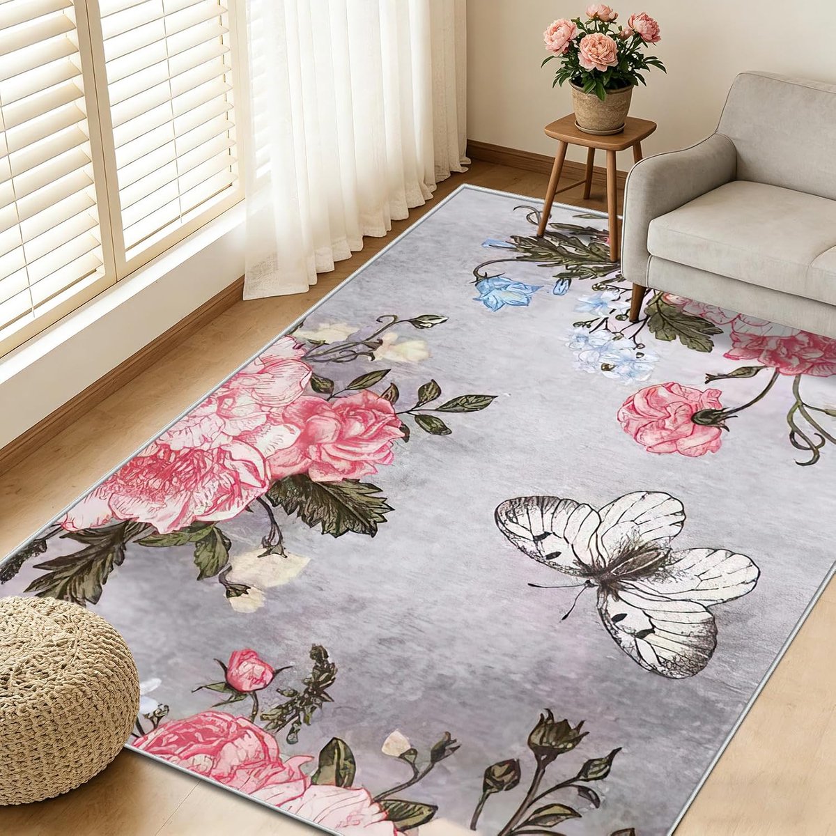 Flowers Washable Rugs Non-Slip Backing Modern Living Room Rug for Bedroom Kitchen Entrance Lounge Office Kids Home - ShopVlot