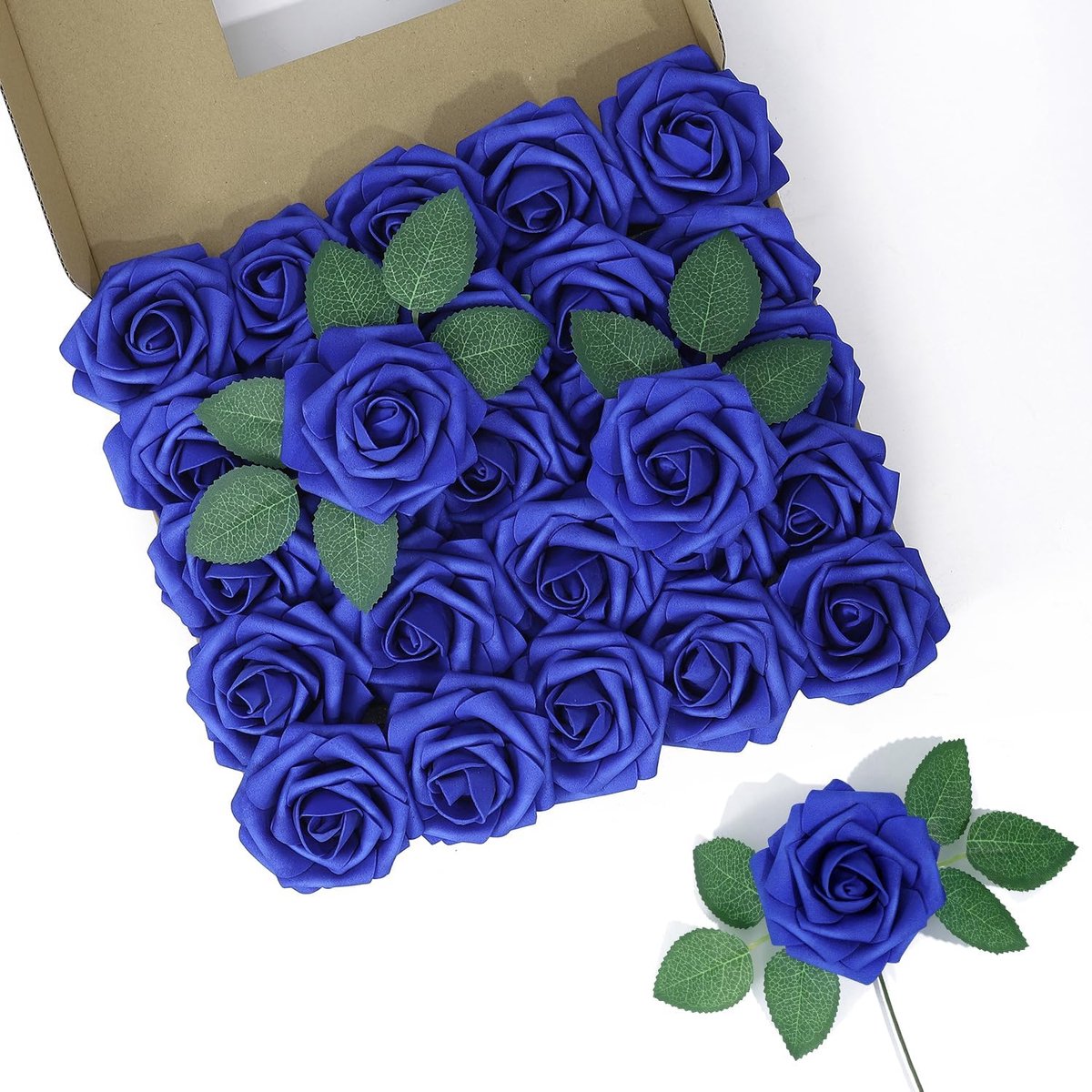 25Pcs Artificial Roses Flowers Royal Blue Fake Roses Real Touch Foam Rose Heads for Wedding Bridal Bouquets - ShopVlot