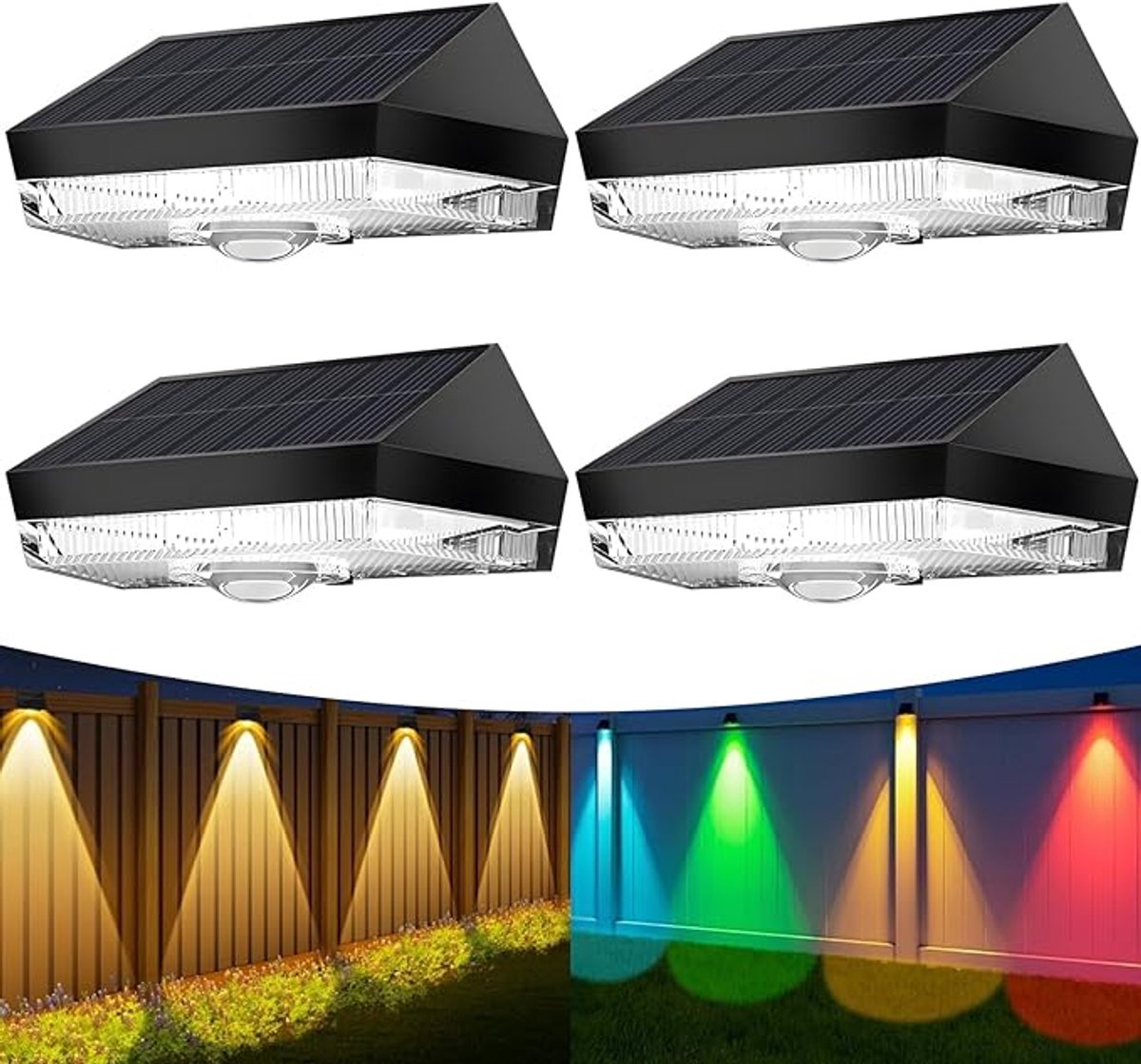Solar Tuinverlichting Buiten - 4 Stuks - RGB Zonne Wandlamp - 10 Verlichtingsmodi - Waterdichte LED Buitenlamp Voor Omheining, Balkon, Terras En Binnenplaats