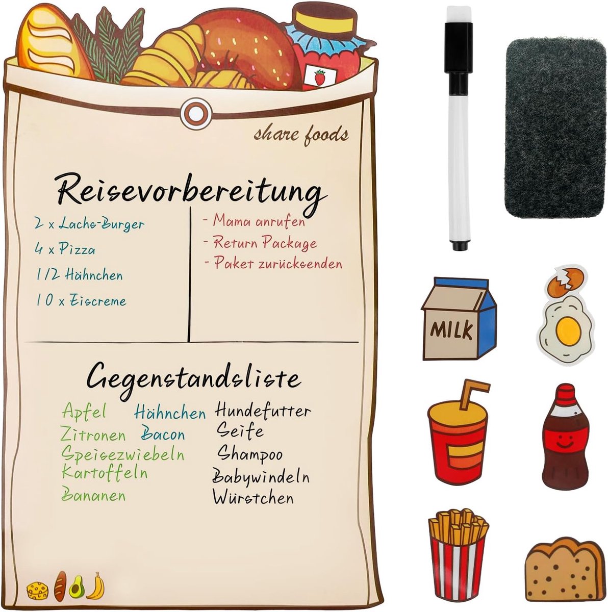 SnelShoppen - Magnetisch Whiteboard Film voor Koelkast met Schattig Brood Ontwerp, Herbruikbare en Afwasbare Magnetische To-Do Lijst met 6 Fridge Magn