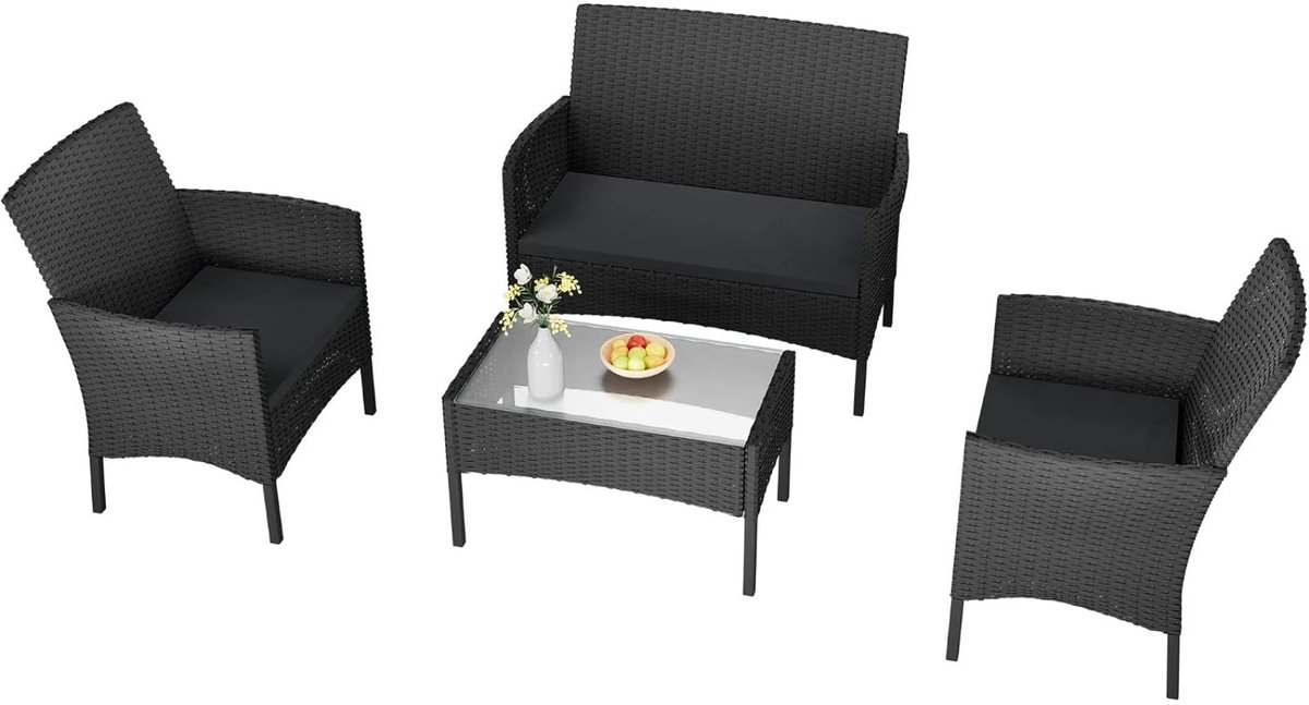 Gudalio Tuinset - Lounge Set - Balkonset - Rotan Fauteuils - Glazen Salontafel - Incl kussens - 4-delig - voor Terras en Tuin - Zwart