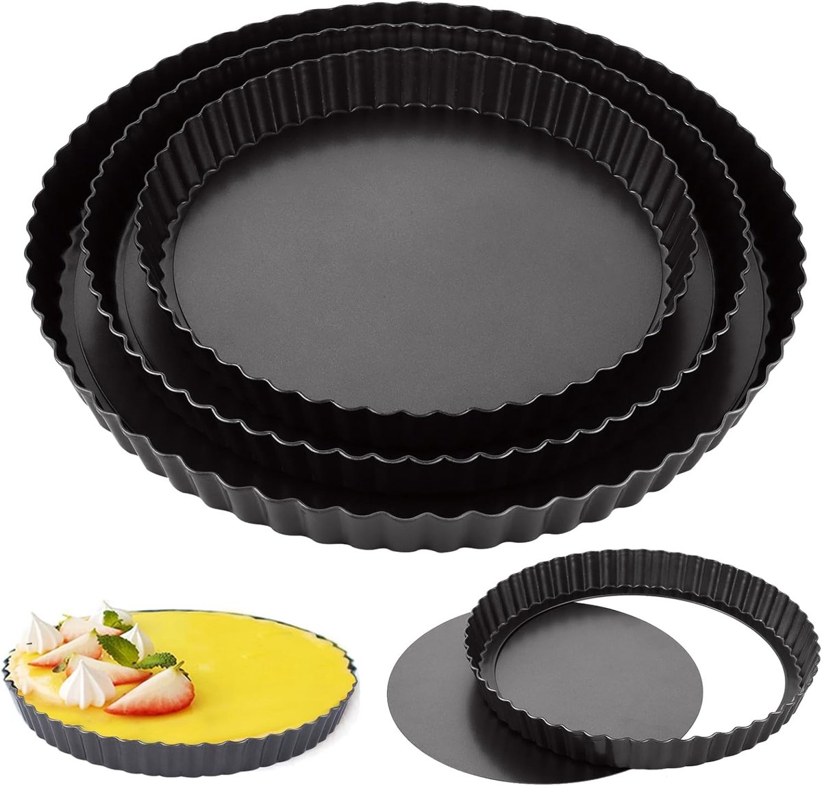 Pack of 3 Cake Mould with Lifting Base, 22/26/30 cm, Round Cake Crust Plate, Baking Mould, Non-Stick Coating, Cake - ShopVlot