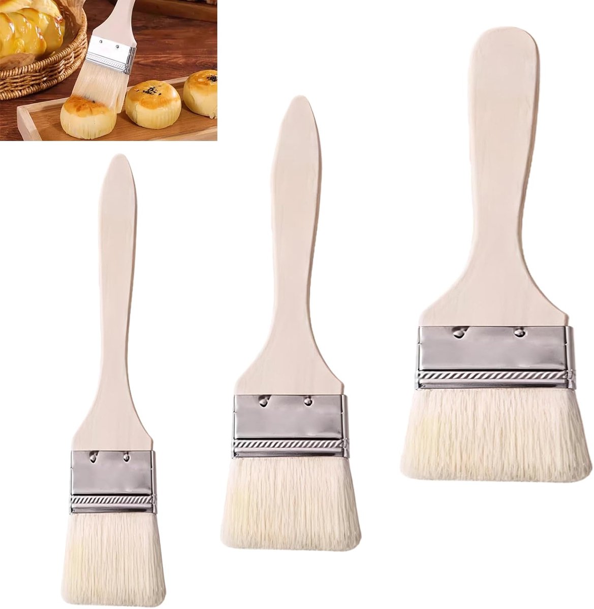 3 Piece Natural Bristle Baking Brushes, Barbecue Brushes, Classic Kitchen Brush Set for Cakes, Grilling, Oil, Butter - ShopVlot