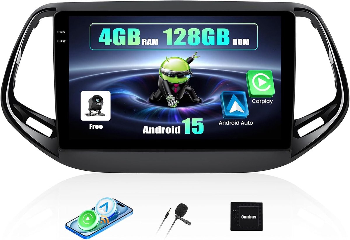 Auto radio 10 inch - 4+128G Android 15 - met draadloze CarPlay/Android Auto - perfect voor Jeep Compass 2017-2019 - ShopVlot