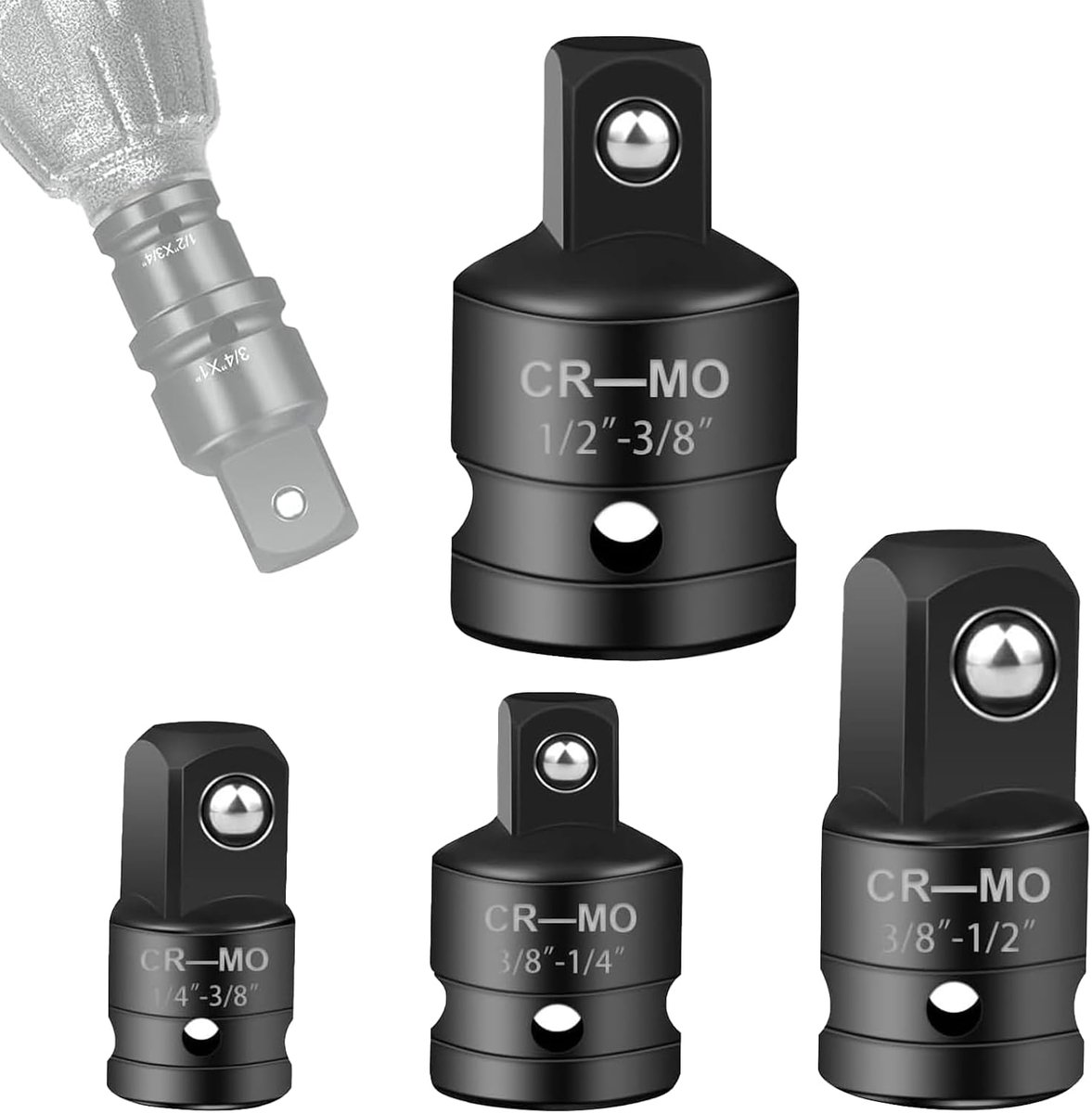 dopsleuteladapters 4 stuks - 1/4 inch naar 3/8 inch - 3/8 inch naar 1/2 inch - snel wisselen zonder gereedschap - ShopVlot