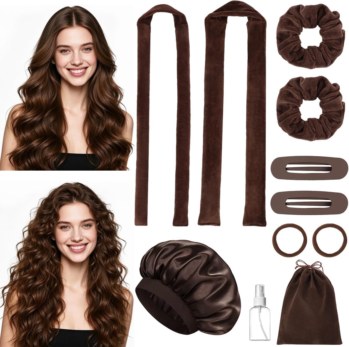 Krulspelden hitteloos 11 stuks - 2 maten bruin - met slaapmuts en scrunchies - perfect voor 's nachts - ShopVlot