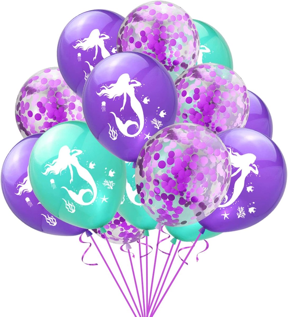 Ballonnen set 15 stuks - 12 Inch zeemeermin thema - Paarse blauwe confetti - Perfect voor verjaardagsfeest - ShopVlot