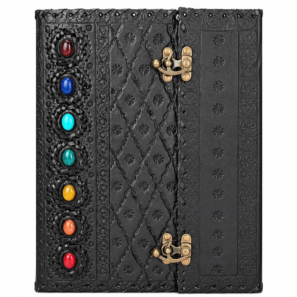 Handgemaakt leren dagboek 10x13 inch - zwarte zijkant met stenen - zeven chakra's reliëf - ShopVlot