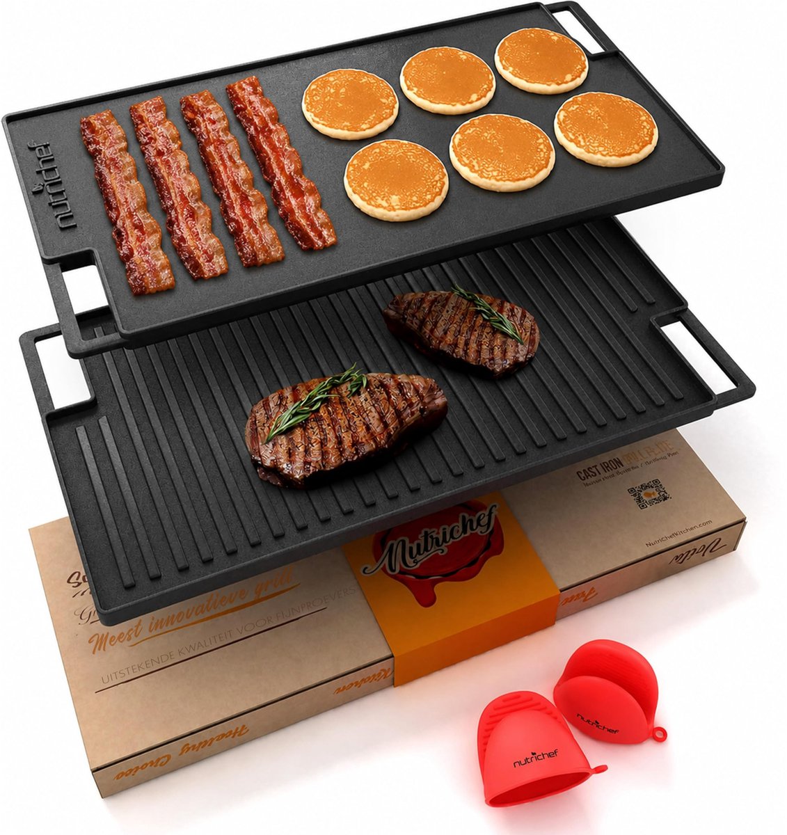 Gietijzeren Grillplaat Omkeerbaar - Dubbelzijdige Geribbelde en Platte Bakplaat - Grillpan voor Gas, Elektrische en Keramische Kookplaten - Duurzame Kookplaat voor Grillen, Bakken en Barbecue - Inclusief Siliconen Ovenhandschoenen