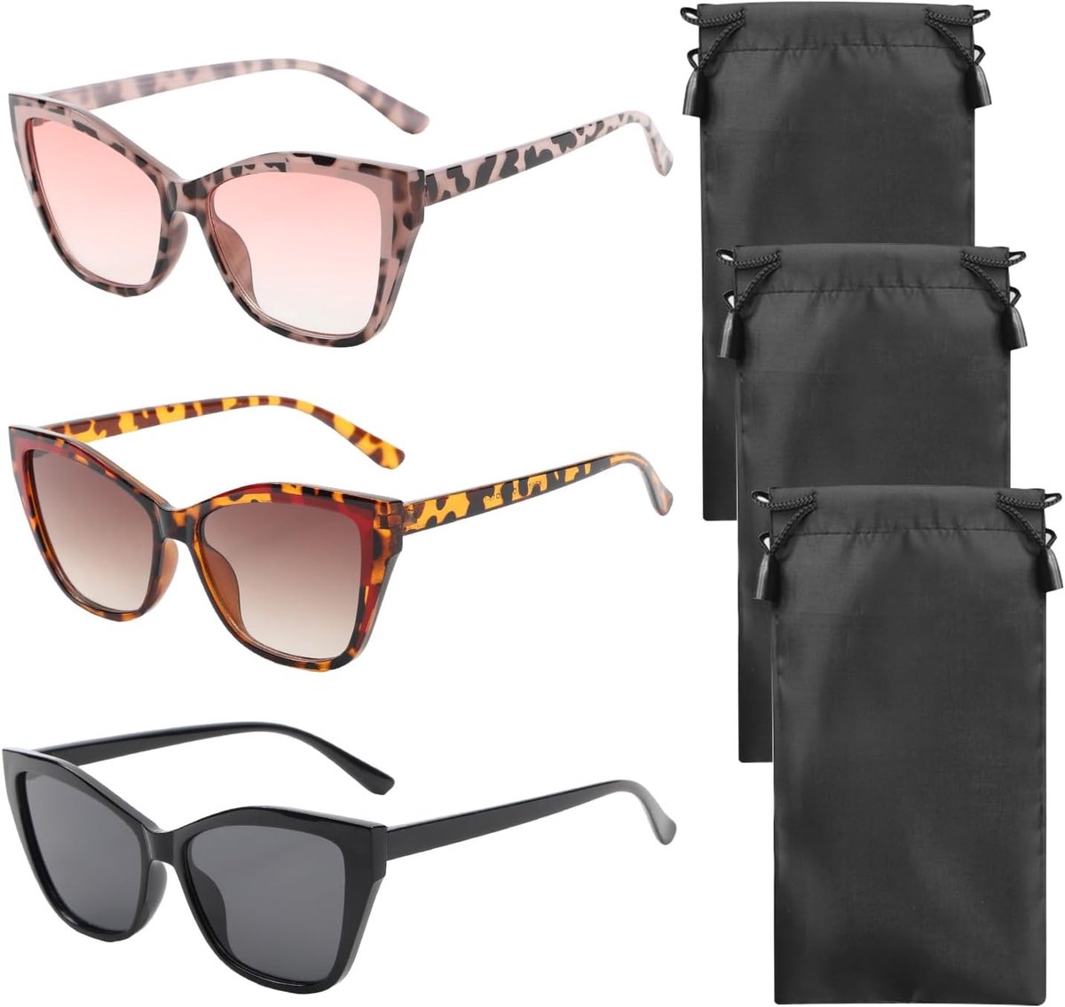 Zonnebrillen 3 stuks - met brillenzakjes - trendy en modieuze stijl - oogbescherming voor op reis - ShopVlot