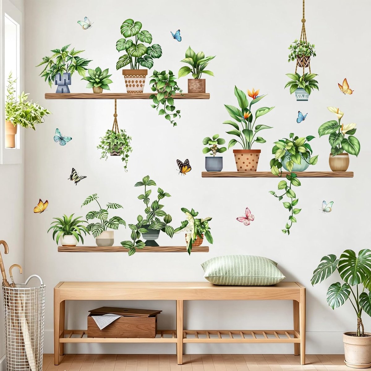 Muursticker Groene Planten - Tropische Bladeren - Bloempot en Vlinder - Wanddecoratie voor Woonkamer - ShopVlot