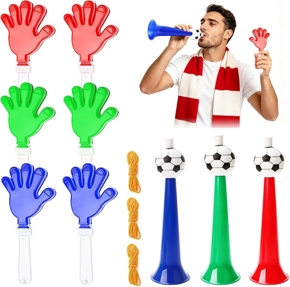 Vuvuzela 2026 met 6 klapperhanden - 9-delige fanset - dubbel geluidseffect - perfect voor voetbalthemafeest - ShopVlot