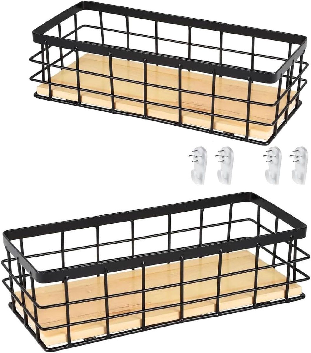 Metaalmand met houten basis - Zwart - Decoratieve wandmand - Ideaal voor badkamer en keuken - ShopVlot