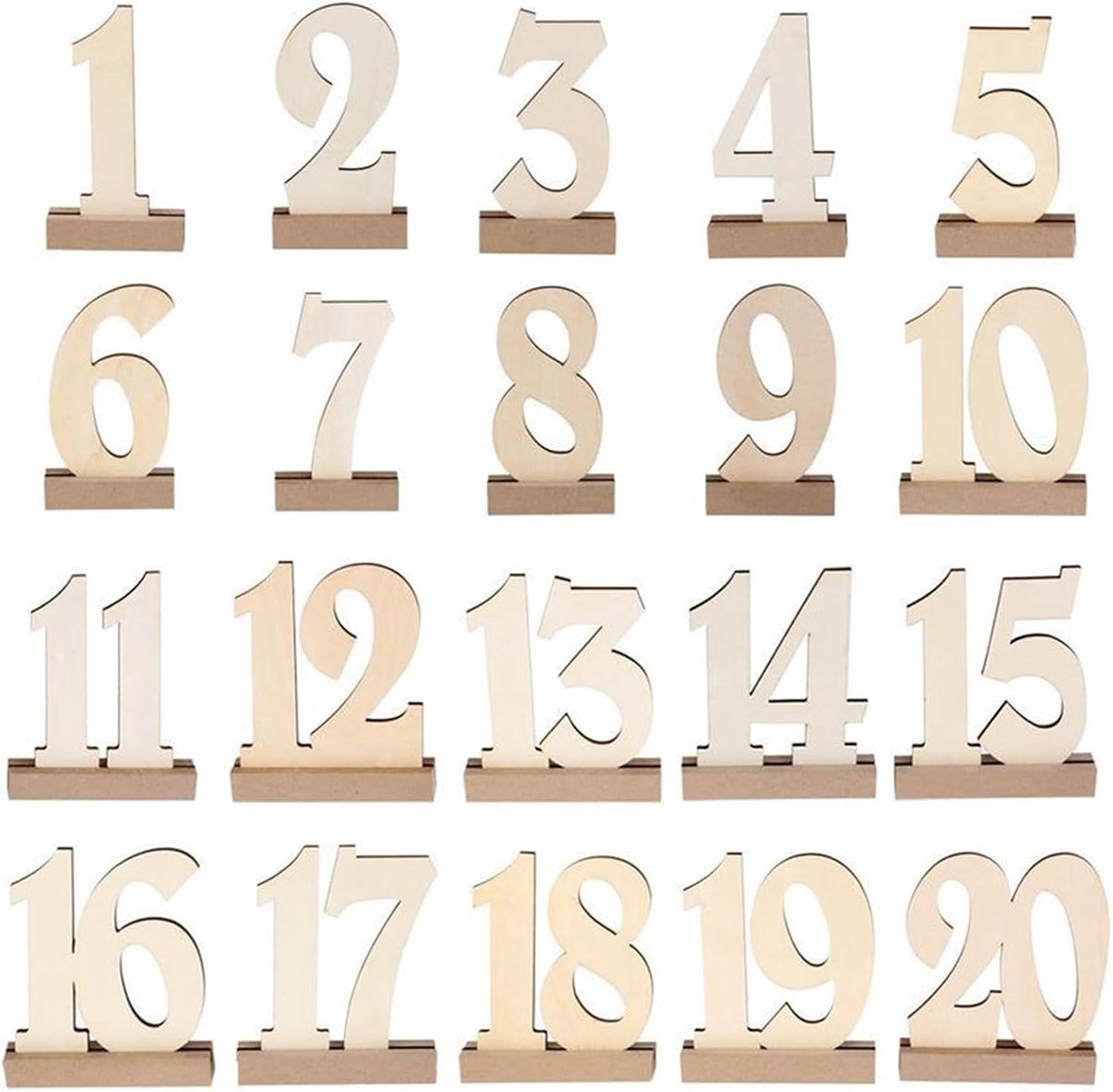 Tafelnummer kaarten 1-20 - Houten vintage tafel nummers - Plaatskaarten met standaard - Ideaal voor bruiloften - ShopVlot