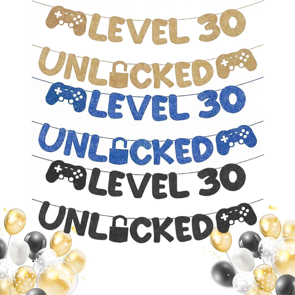 Verjaardagsdecoratie 30 jaar - 3-delige set - zwart - thema games - feestelijke uitstraling - ShopVlot