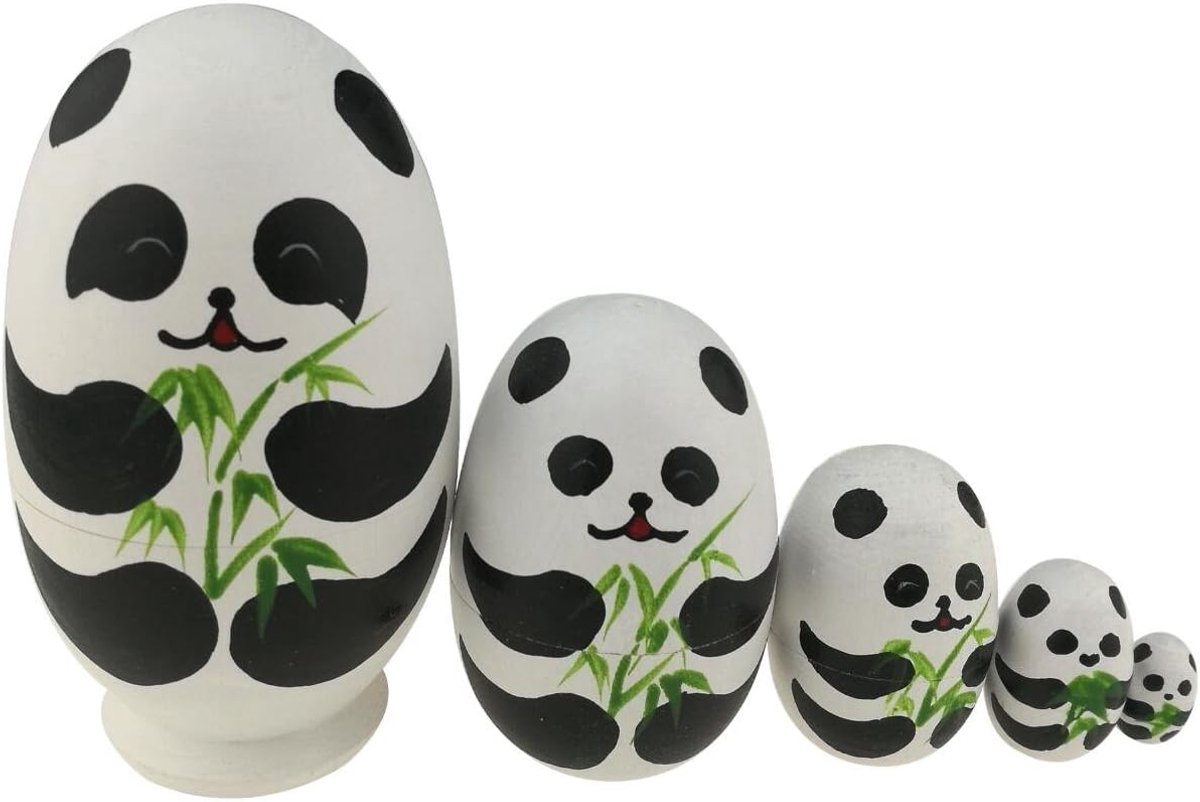 Houten stapelspel panda set 5-delig - schattige eivormige nesting dolls - handgemaakt - perfect voor kinderen - ShopVlot