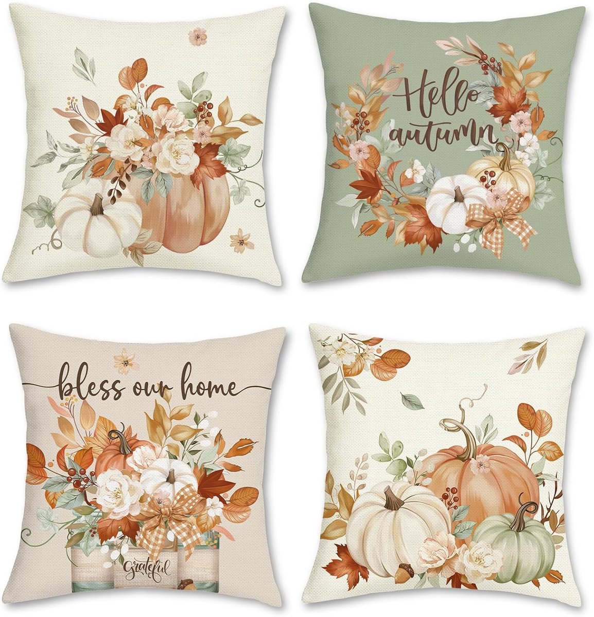 Cushion covers 45 x 45cm - polyester linnen - herfst pompoen en bladeren - sfeervolle decoratie voor thuis - ShopVlot