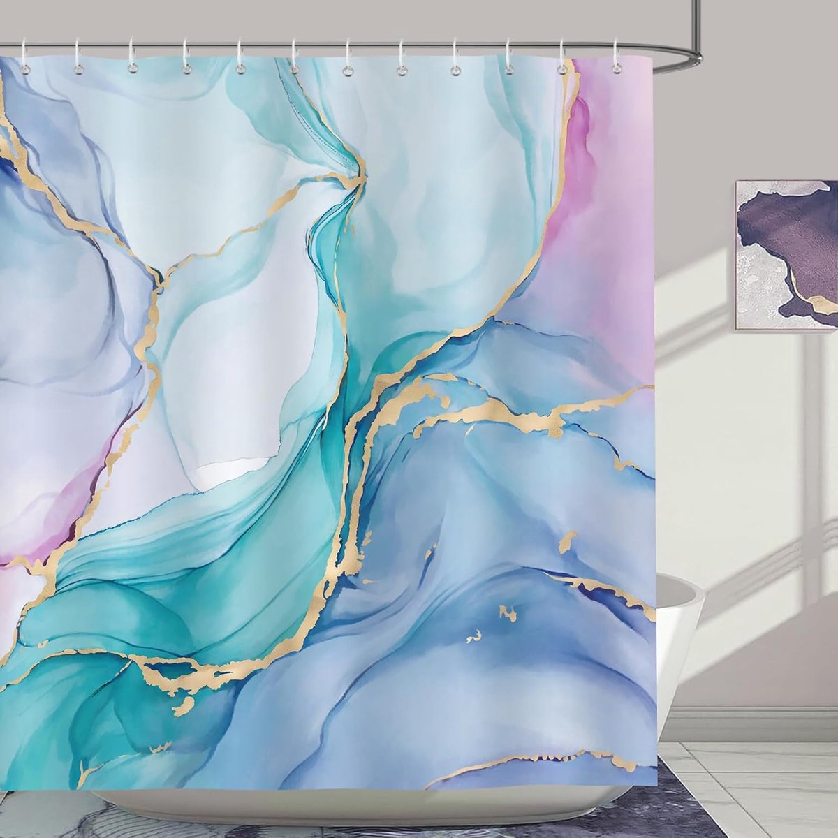 Douchegordijn 180x180cm - Marmer Roze Paars Blauw Turquoise - Waterafstotend en Schimmelbestendig - ShopVlot