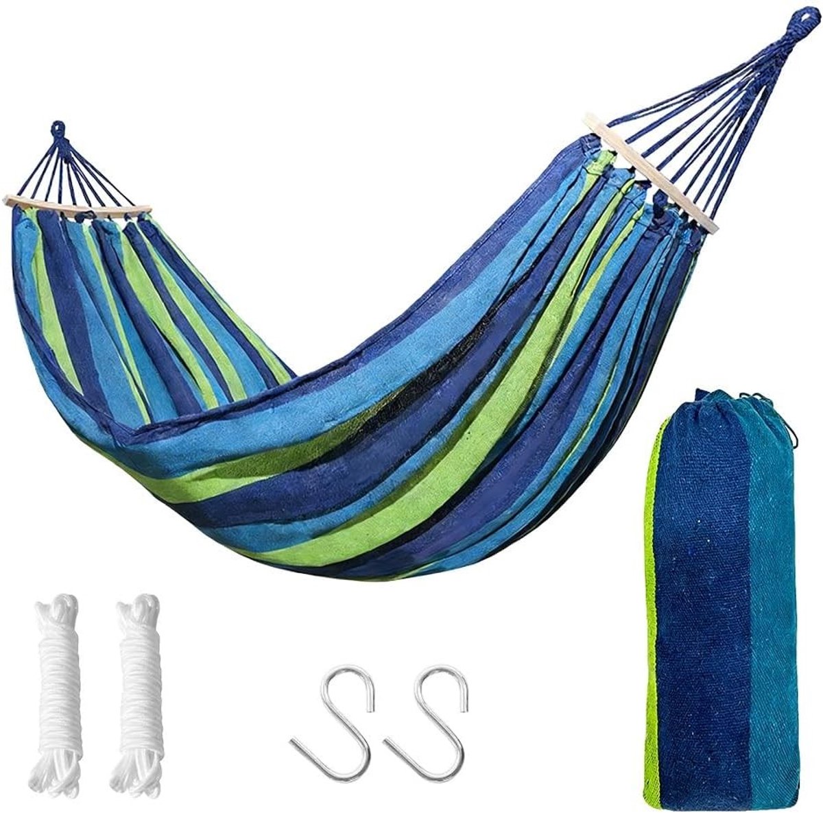 Eenpersoons Camping Hangmat - Blauwgroen - 186 x 154 cm - Ademend Polyester met Bevestigingsaccessoires - Voor Binnen en Buiten