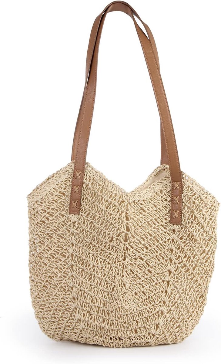 Schoudertas Medium - Beige Stro - Handgemaakt - Ideaal voor Stranduitjes - ShopVlot