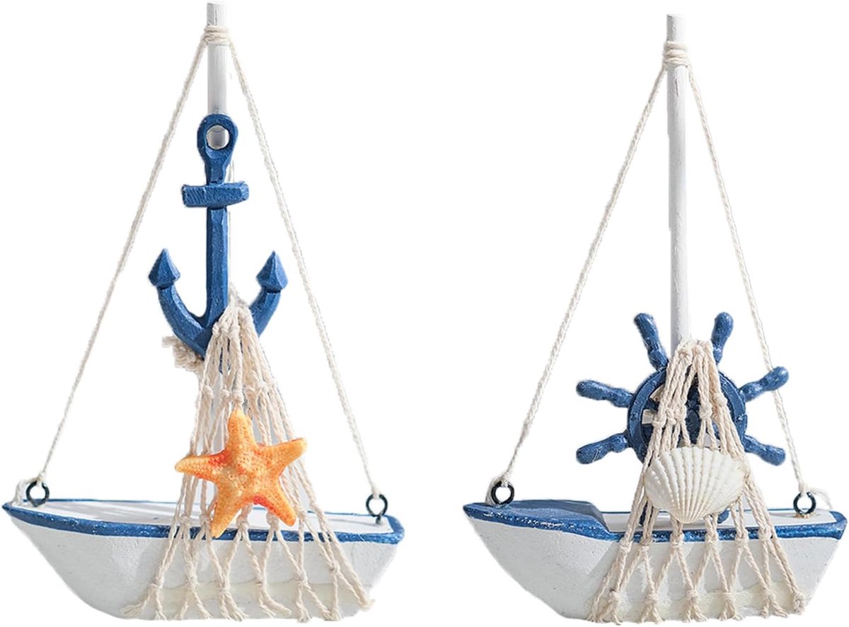 Model schip 16,5 cm - houten zeilboot met net - maritieme decoratie - perfect voor nautische sfeer - ShopVlot