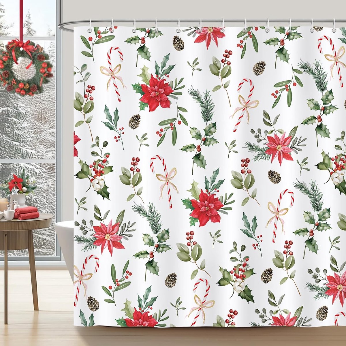 Douchegordijn 180 x 180 cm - waterdichte polyester - kerst poinsettia bloemen - creëert een warme sfeer - ShopVlot