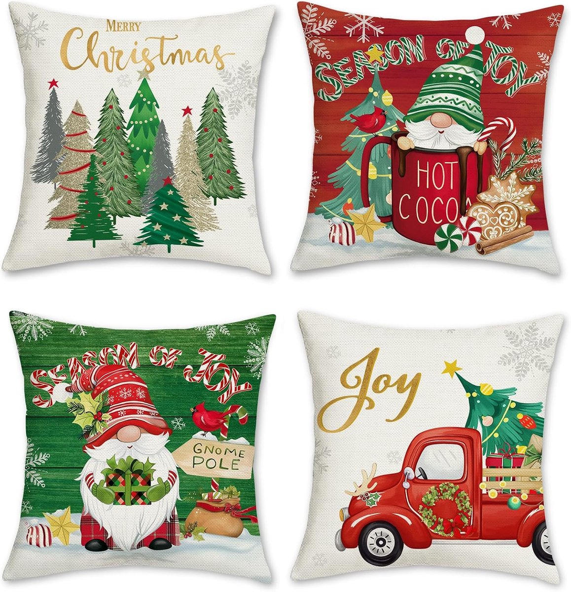 Kussenhoezen 45 x 45 cm - Polyester linnen - Kerstgnomen en kerstboom - Perfect voor winterdecoratie - ShopVlot