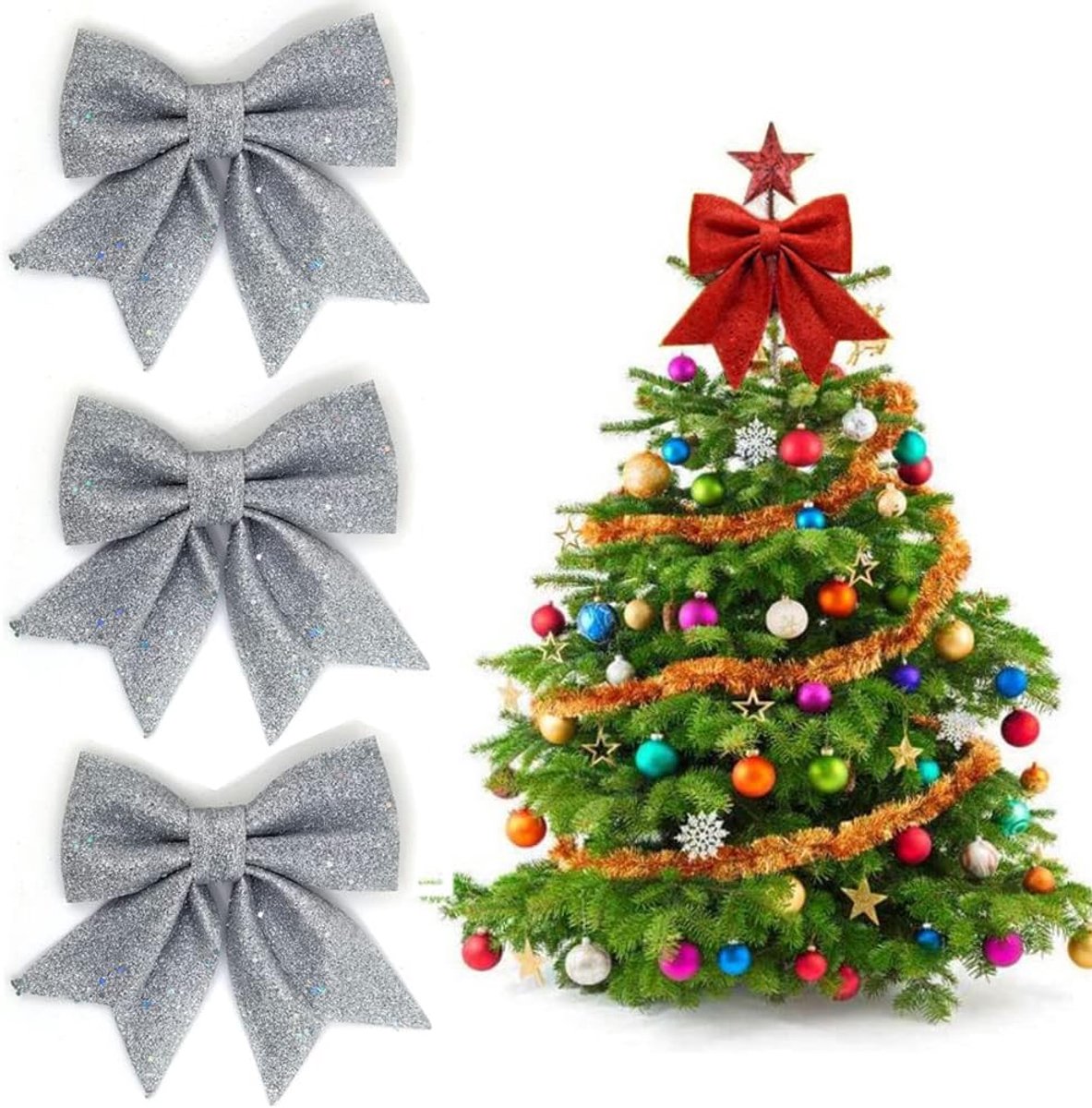 Kerststrik Glitter 4Pcs - Goud/Zilver/Rood - Decoratieve Strikken - Perfect voor Kerstboomversiering - ShopVlot