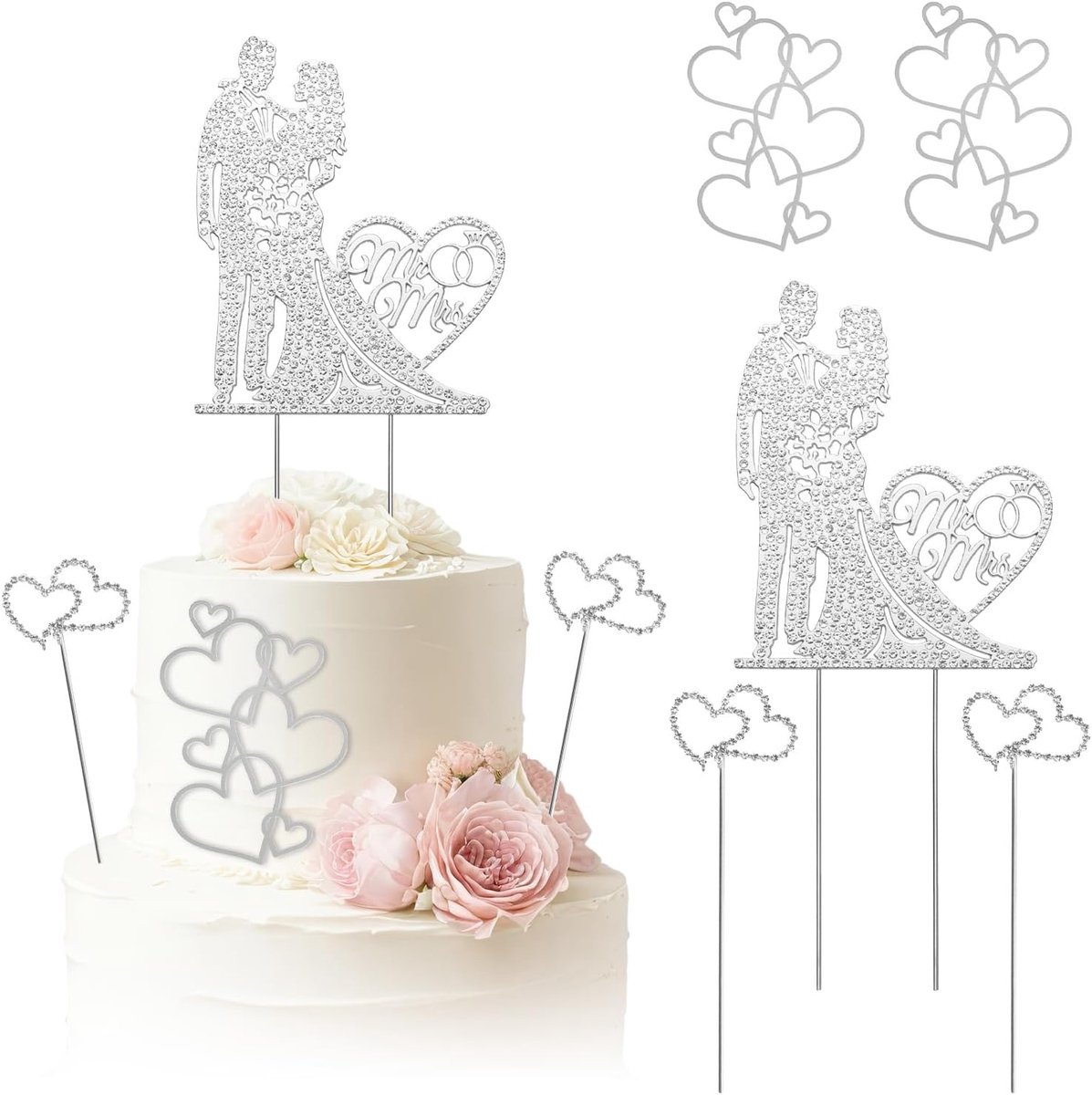 Cake topper bruid en bruidegom - 5 stuks - met rhinestones - luxe uitstraling - voor bruiloften - ShopVlot