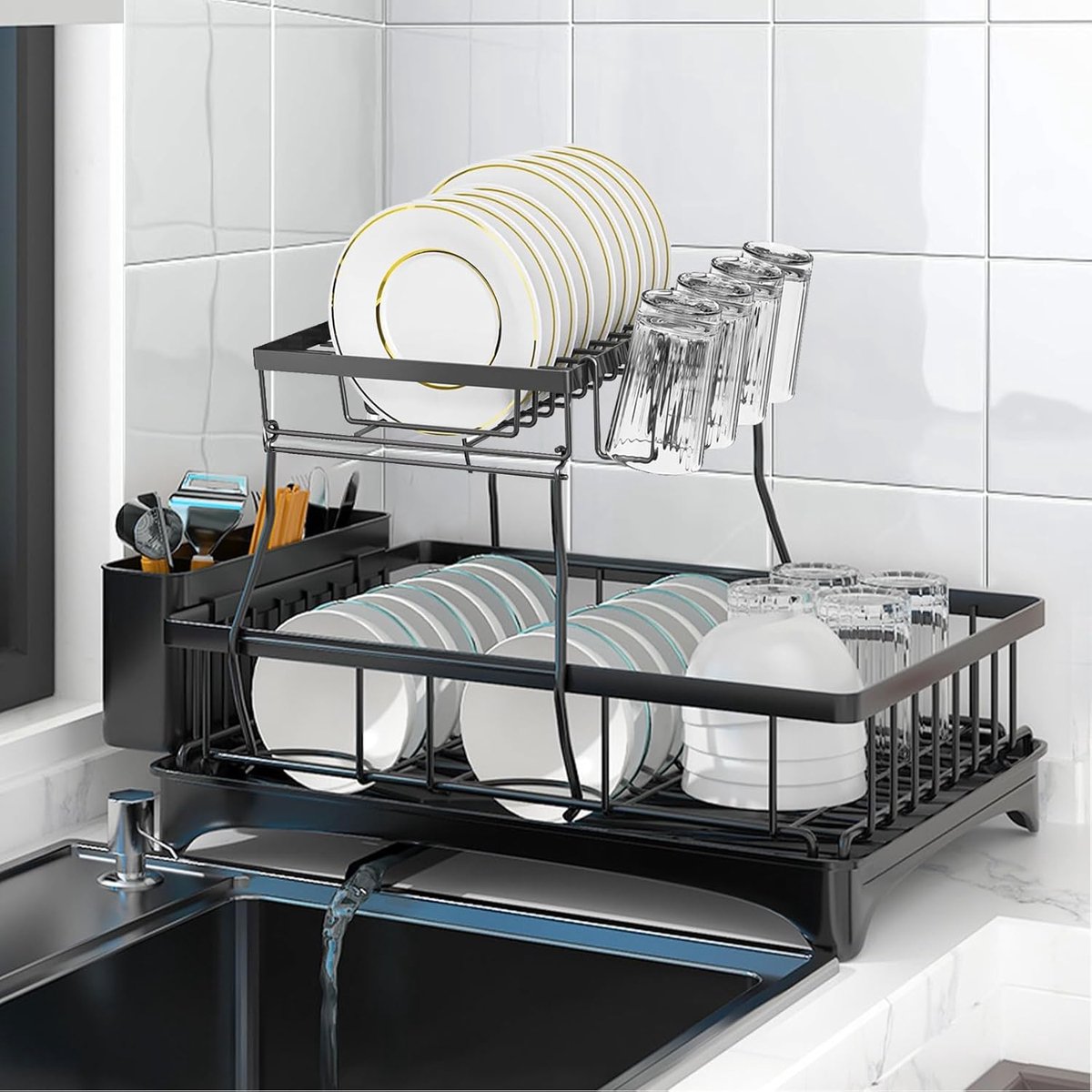 Afneembare 2-Laagse Afwasrek Set - Zwart - Met Druipbak en Draaispout - Ruimtebesparende Organiser - ShopVlot