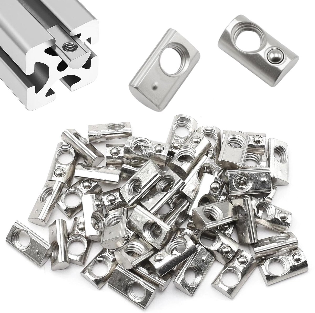 T-moer M6 - 50 stuks - koolstofstaal - veerkogel ontwerp - ideaal voor aluminium profielen - ShopVlot