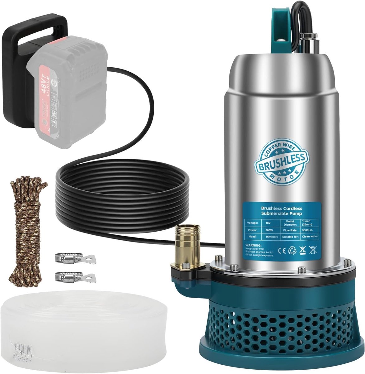 Dompelpomp 5000 l/h - Draadloos met 10 m slang - Brushless motor - Ideaal voor tuinirrigatie - ShopVlot