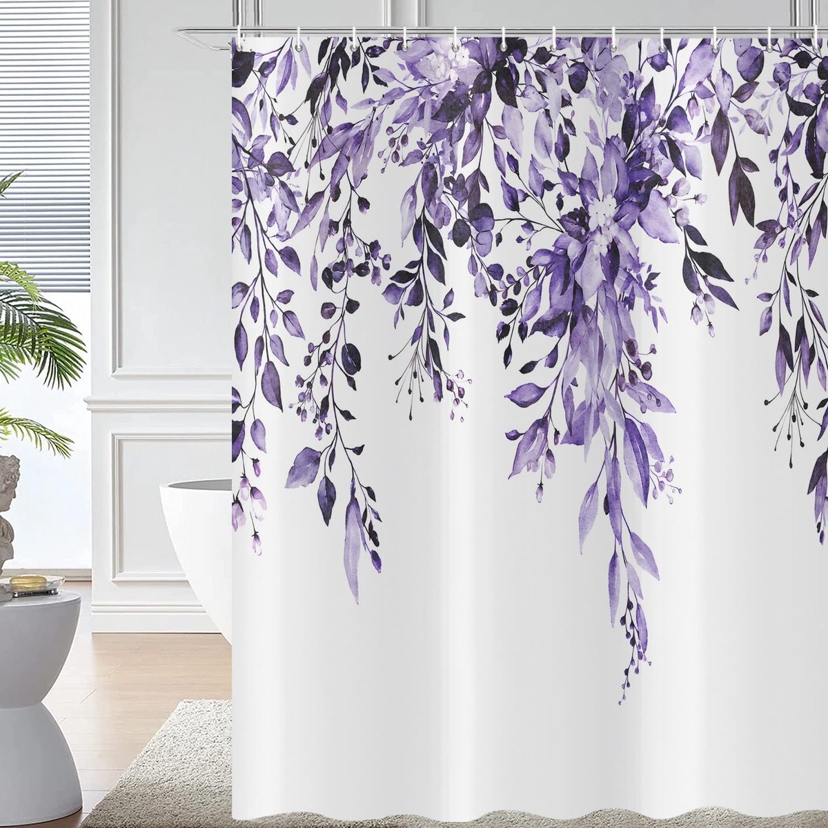 Douchegordijn 180 x 200 - Paars Eucalyptus - Waterverf Plant Bladeren met Bloemen - Waterproof en Wasbaar - ShopVlot