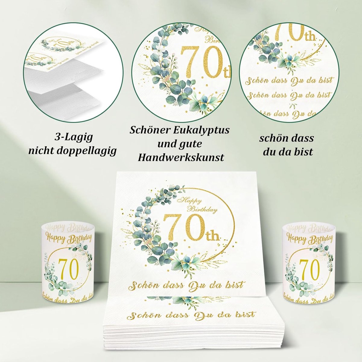 Verjaardagsservetten 70e Verjaardag - Eucalyptus - 3-laags - Perfecte tafeldecoratie - ShopVlot