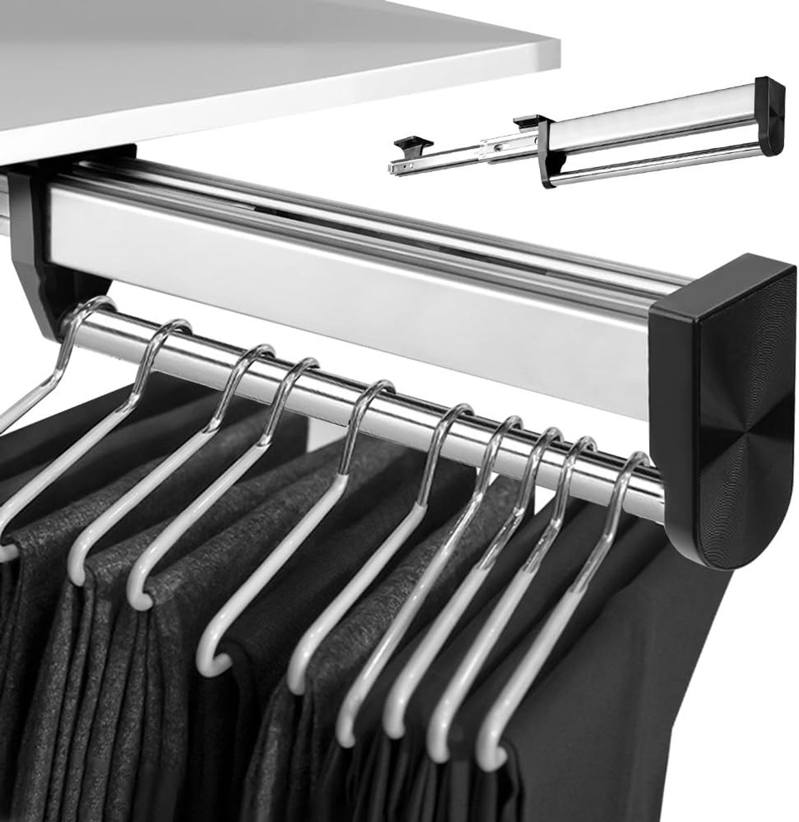 Verstelbare uittrekbare kledingrail van 300 mm voor ruimtebesparing in de kast, telescopische stang en broekhouder voor kleding en broeken