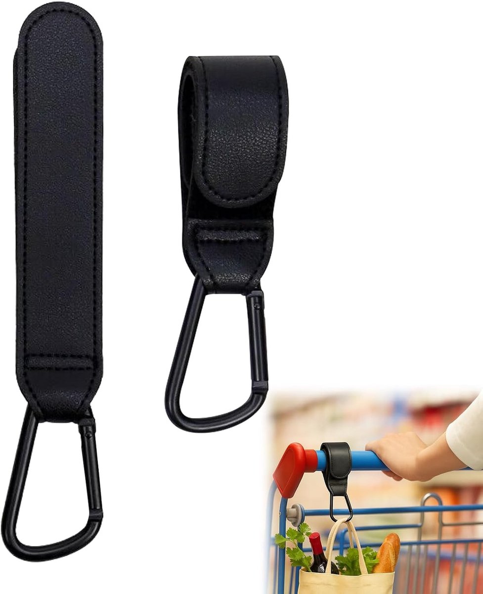 Set van 2 praktische kinderwagenhaken voor tassen, stevige houder voor kinderwagentassen en outdoor-activiteiten, zwart met leren klittenbandsluiting