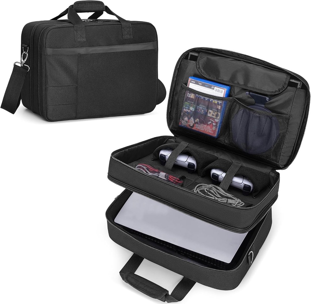 Draagtas voor PS5, PS5 Slim en PS4 Game Consoles - Dubbel Laags Reiszak met Gevoerde Sleeve voor 15.6'' Laptop, Controllers en Accessoires, Zwart