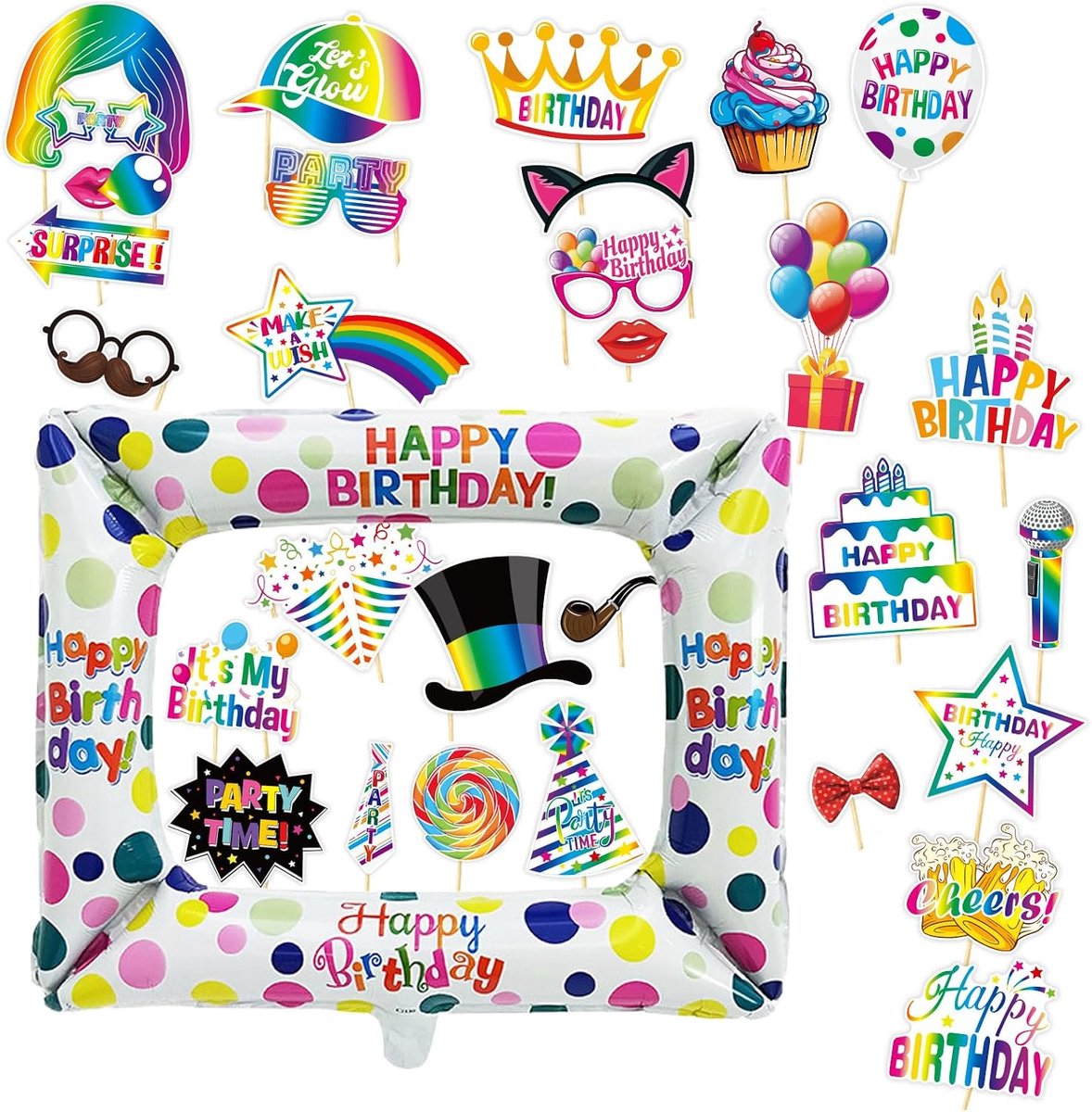 SnelShoppen - 30 Stuks Foto Props Verjaardag en Opblaasbare Fotolijst, Grappige Foto Box Accessoires, Neon Foto Box, Feestdecoratie Verjaardagsaccesso