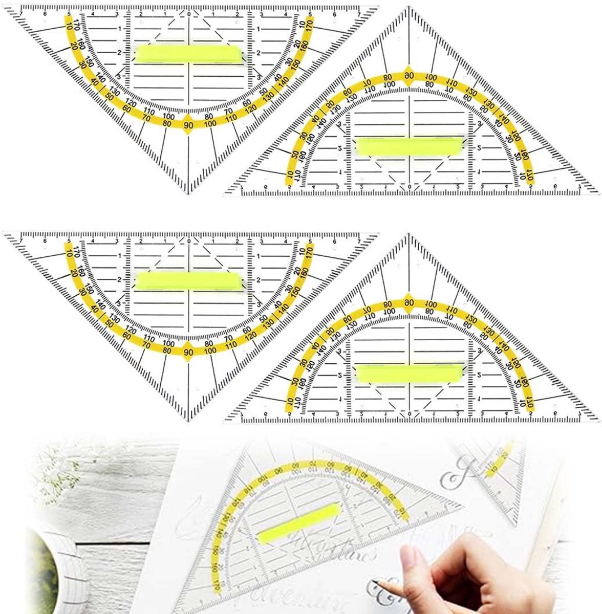 Geometrische hoek - Gradenboog driehoek - Nauwkeurig Tekenen - 2-in-1 functie - 4 stuks - Transparant