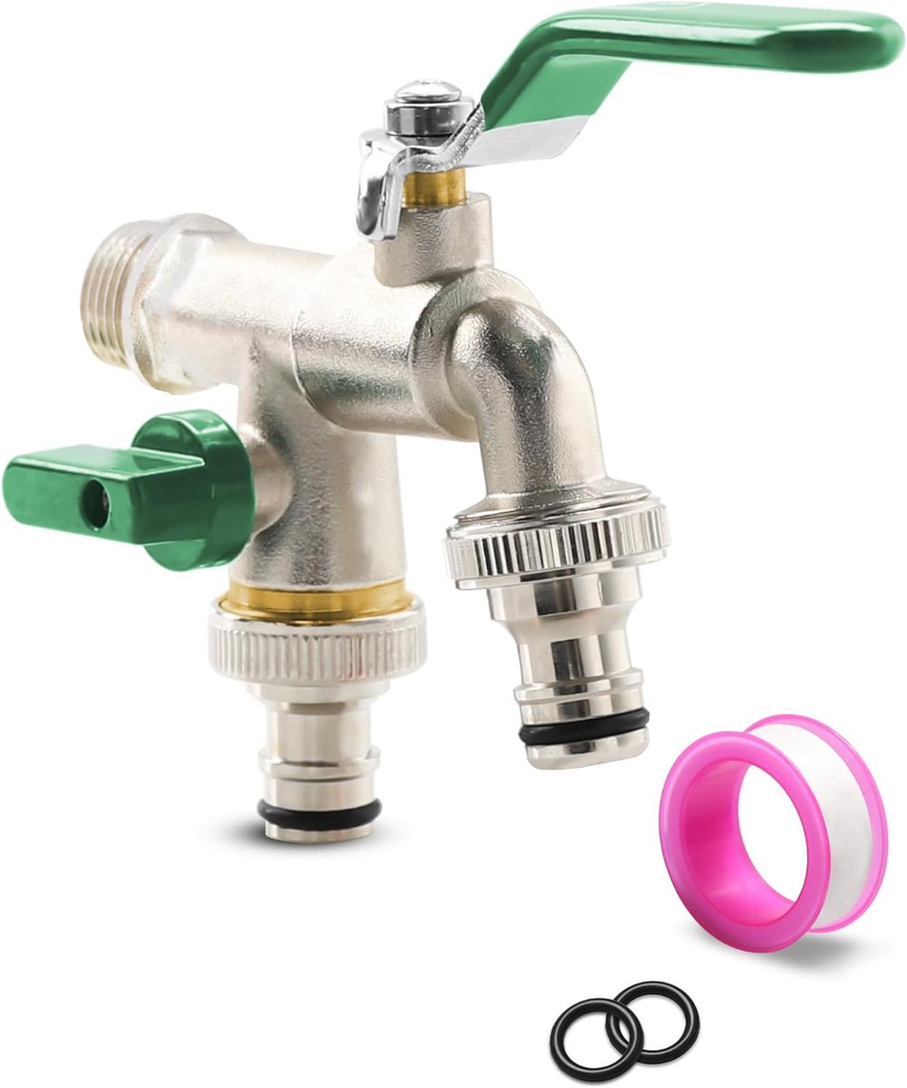 Tuinkraan 1/2 inch - messing dubbele uitgang - met 2 gratis slangkoppelingen - ideaal voor tuin en regenton - ShopVlot